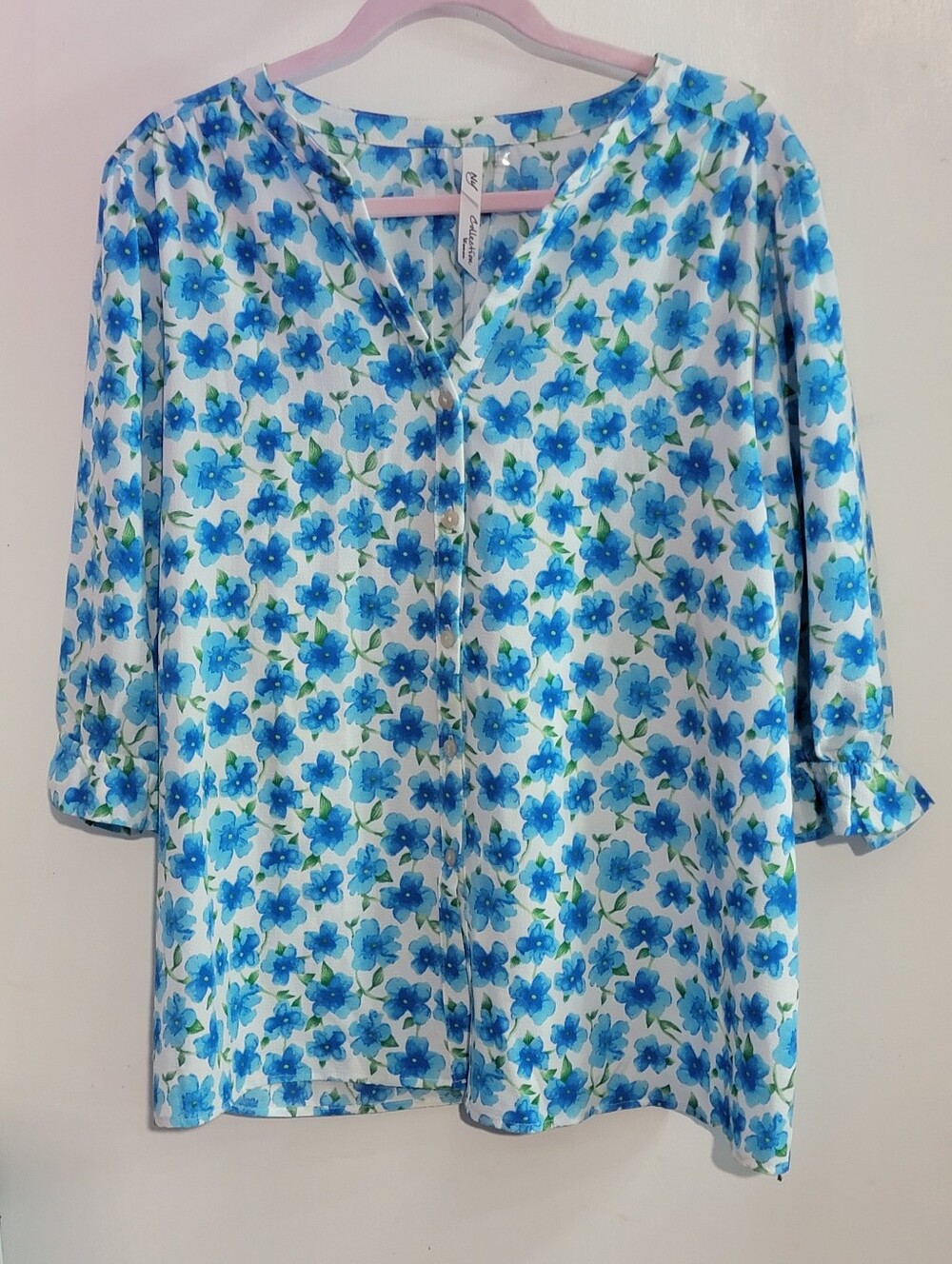 Blue Floral V-Neck Women's Blouse